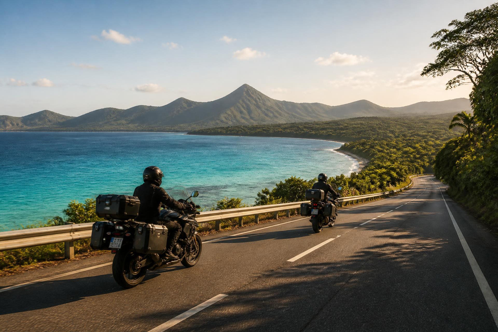 Lagon turquoise de Nouvelle-Calédonie et route côtière de Grande Terre au coucher du soleil — FMF Nouvelle-Calédonie